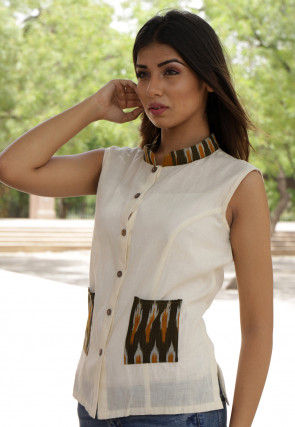 Ikat Printed Cotton Jacket Style Top in Off White
