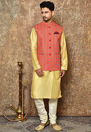 Ikat Printed Cotton Linen Nehru Jacket in Red