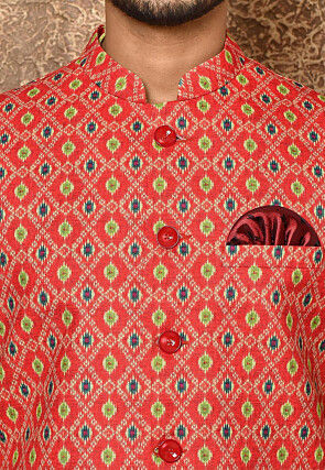 Ikat Printed Cotton Linen Nehru Jacket in Red