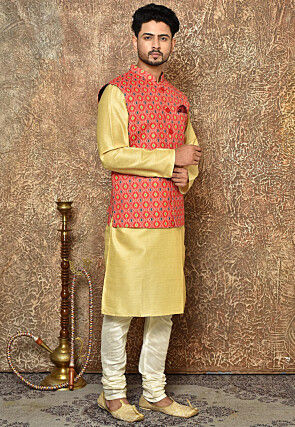 Ikat Printed Cotton Linen Nehru Jacket in Red