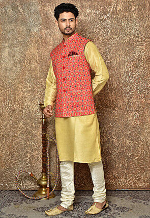 Ikat Printed Cotton Linen Nehru Jacket in Red