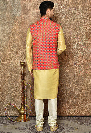 Ikat Printed Cotton Linen Nehru Jacket in Red