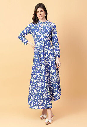 Ikat Printed Cotton Maxi Dress in Off White and Blue