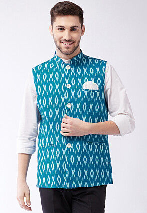 Ikat Printed Cotton Nehru Jacket in Teal Blue