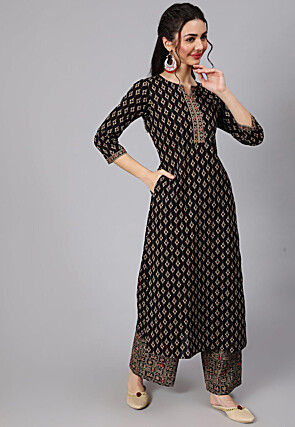 Ikat Printed Cotton Pakistani Suit in Black