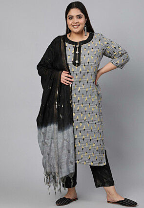 Ikat Printed Cotton Pakistani Suit in Grey