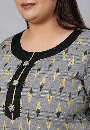 Ikat Printed Cotton Pakistani Suit in Grey