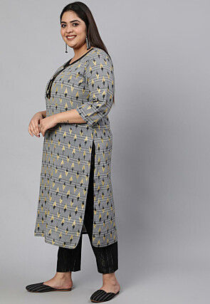Ikat Printed Cotton Pakistani Suit in Grey