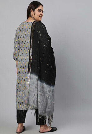 Ikat Printed Cotton Pakistani Suit in Grey