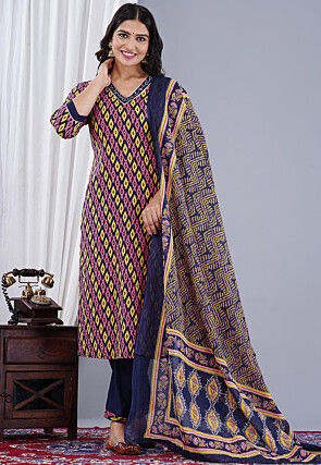 Ikat Printed Cotton Pakistani Suit in Navy Blue