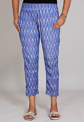 Ikat Printed  Cotton Pant in Light Blue