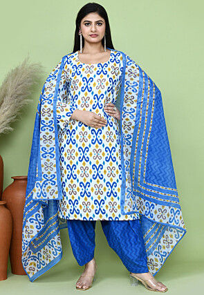 Ikat Printed Cotton Punjabi Suit in White
