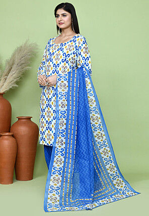Ikat Printed Cotton Punjabi Suit in White