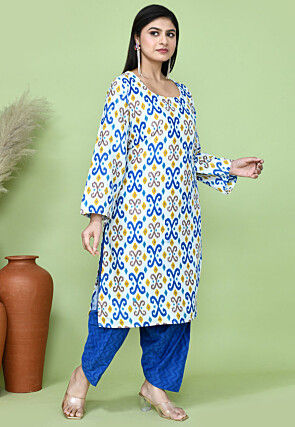 Ikat Printed Cotton Punjabi Suit in White