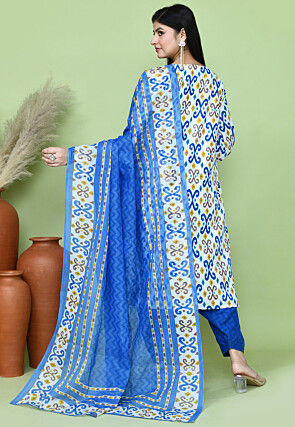 Ikat Printed Cotton Punjabi Suit in White