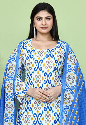 Ikat Printed Cotton Punjabi Suit in White