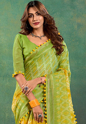 Ikat Printed  Cotton Saree in Light Green