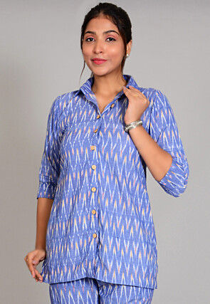 Ikat Printed Cotton Shirt in Light Blue