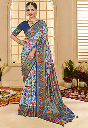 Ikat Printed Cotton Silk Saree in Light Blue