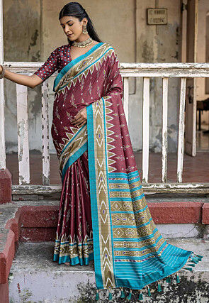 Ikat Printed Cotton Silk Saree in Maroon