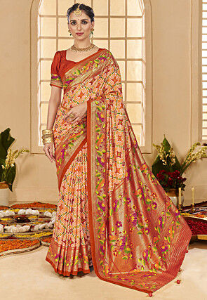 Ikat Printed Cotton Silk Saree in Orange