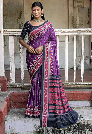 Ikat Printed Cotton Silk Saree in Purple