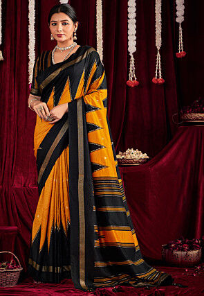 Ikat Printed Cotton Silk Saree in Yellow