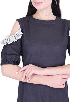 Ikat Woven Cotton Slub Frilled Hem Dress in Dark Grey