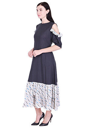 Ikat Woven Cotton Slub Frilled Hem Dress in Dark Grey