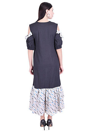 Ikat Woven Cotton Slub Frilled Hem Dress in Dark Grey