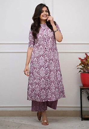 Ikat Printed Cotton Slub Straight Kurta Set in Purple