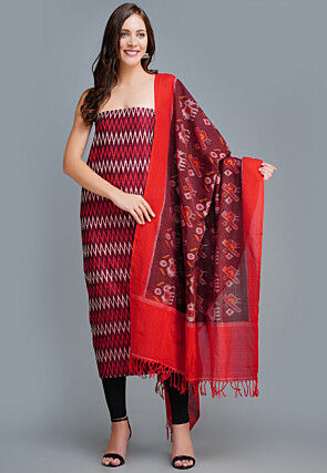Ikat Printed Cotton Straight Cut Suit in Maroon