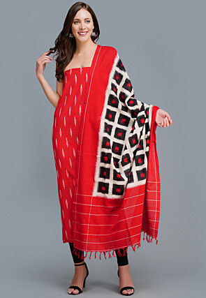 Ikat Printed Cotton Straight Cut Suit in Red