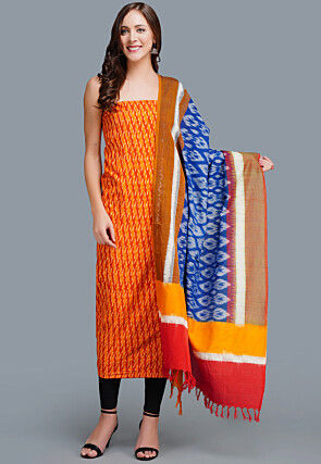 Ikat Printed Cotton Straight Cut Suit in Shaded Orange