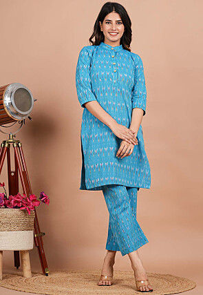 Ikat Printed Cotton Straight Kurta Set in Sky Blue