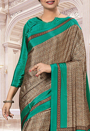 Ikat Printed Crepe Saree in Beige