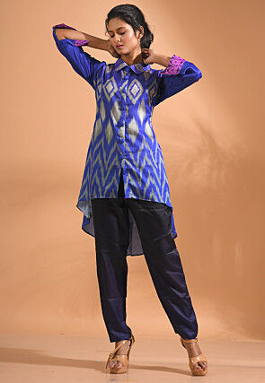 Ikat Printed Linen Silk Co ord Set in Blue