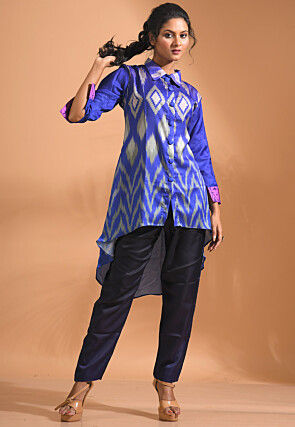 Ikat Printed Linen Silk Co ord Set in Blue