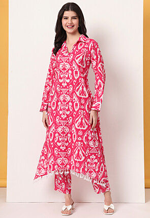 Ikat Printed Pure Cotton A Line Kurta Set in Pink
