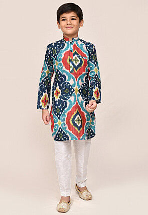 Ikat Printed Pure Cotton Kurta Set in Blue
