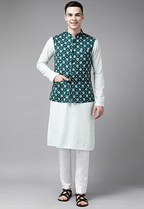 Ikat Printed Pure Cotton Nehru Jacket in Teal Blue