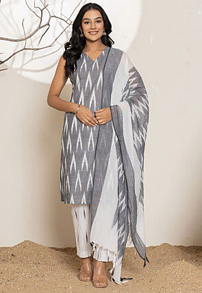 Ikat Printed Pure Cotton Pakistani Suit in Grey