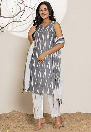 Ikat Printed Pure Cotton Pakistani Suit in Grey