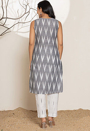 Ikat Printed Pure Cotton Pakistani Suit in Grey