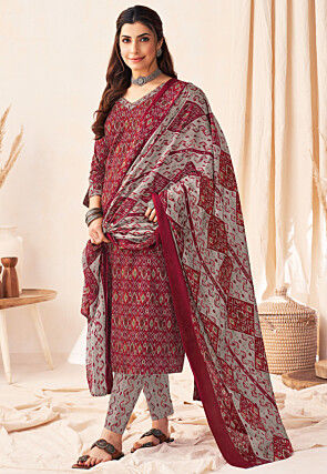 Ikat Printed Pure Cotton Pakistani Suit in Maroon