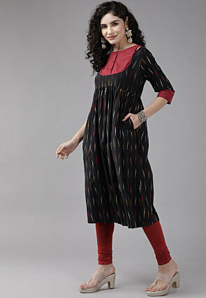 Ikat Printed Pure Cotton Straight Suit in Black
