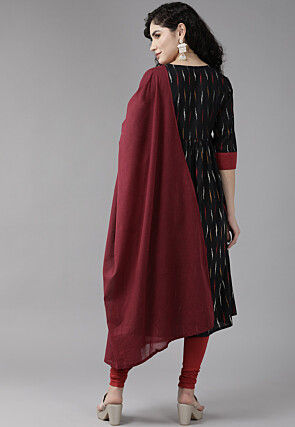 Ikat Printed Pure Cotton Straight Suit in Black