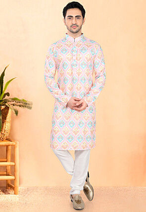 Ikat Printed Rayon Kurta Set in Pink
