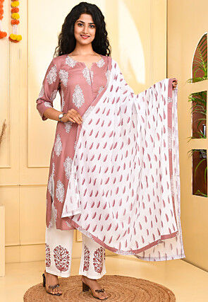 Ikat Printed Rayon Pakistani Suit in Old Rose