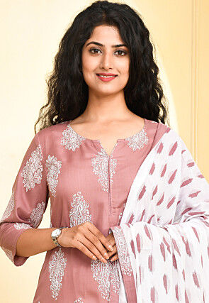 Ikat Printed Rayon Pakistani Suit in Old Rose